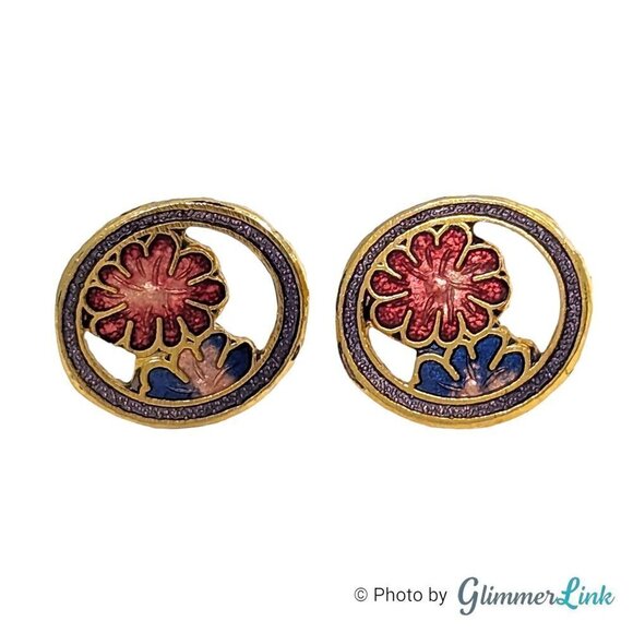 Jewelry - Vintage 80s Oval Cloisonne Floral Pierced Gold Tone Earrings